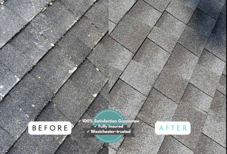 Before & after for a roof in Pleasantville, NY.